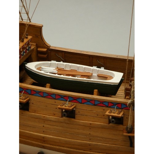 362 - Golden Hind static display model, 1:53 scale, ayous wood, with painted decoration, plank on frame co... 