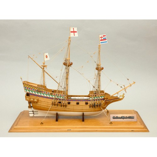 362 - Golden Hind static display model, 1:53 scale, ayous wood, with painted decoration, plank on frame co... 