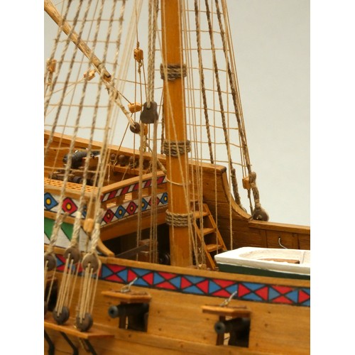 362 - Golden Hind static display model, 1:53 scale, ayous wood, with painted decoration, plank on frame co... 