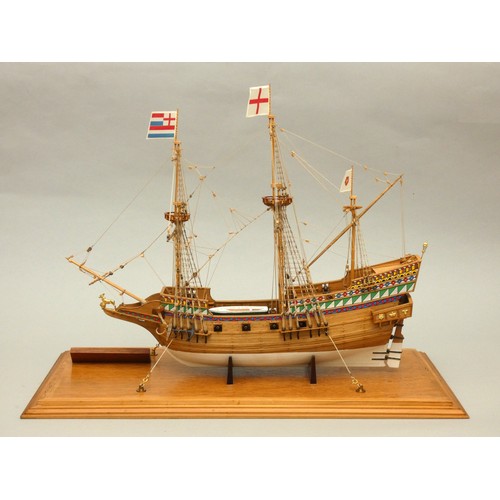 362 - Golden Hind static display model, 1:53 scale, ayous wood, with painted decoration, plank on frame co... 