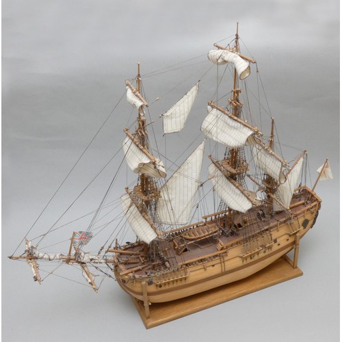 369 - HM Bark Endeavour, static display model, 1:64 scale, plank on frame construction, with sails, 72 x 6... 