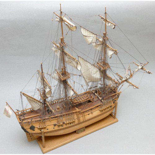 369 - HM Bark Endeavour, static display model, 1:64 scale, plank on frame construction, with sails, 72 x 6... 