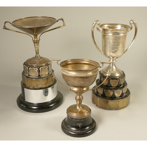 382 - Three silver sailing presentation trophies, two 358gm, one loaded, plinths 
Ex Brigham Sailing Club.... 