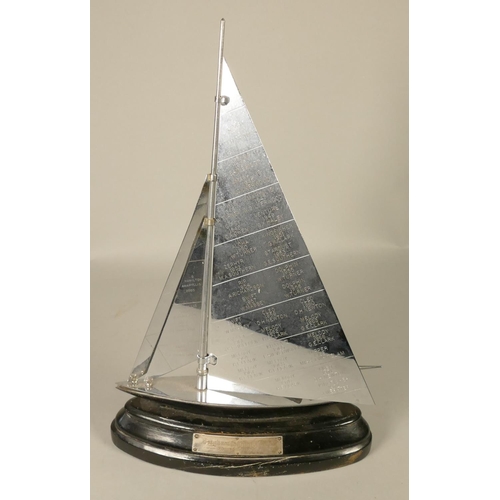 384 - A Parker Sailboat strike table lighter, chrome sails and deck, ebonised hull and base, presentation ... 