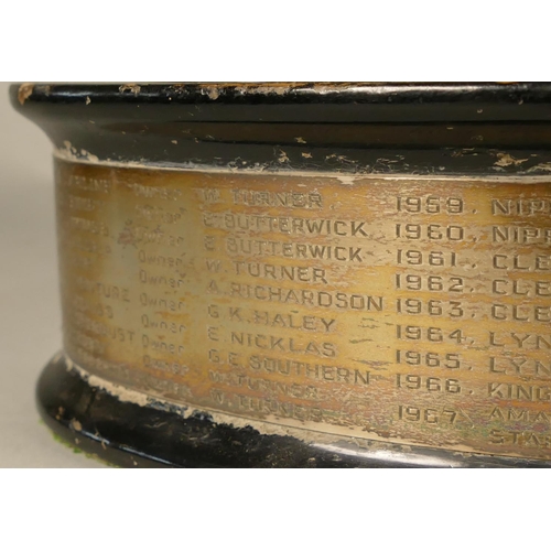 385 - An electoplated sailing presentation trophy, in the form of a gaff rigged, clinker built, vintage di... 