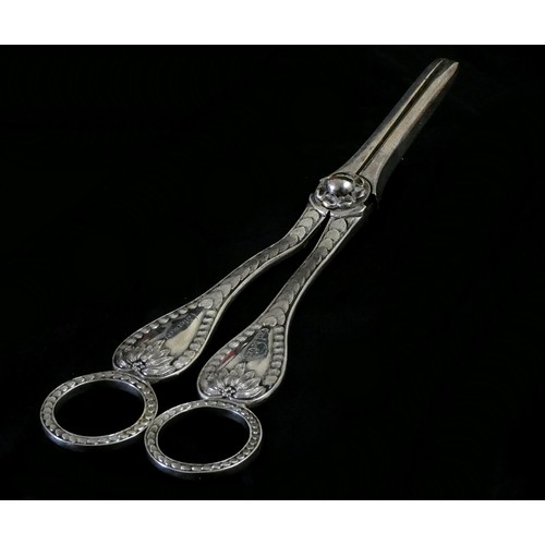 386 - A Victorian presentation silver pair of grape scissors, by George Adams, London 1863, with heart mot... 