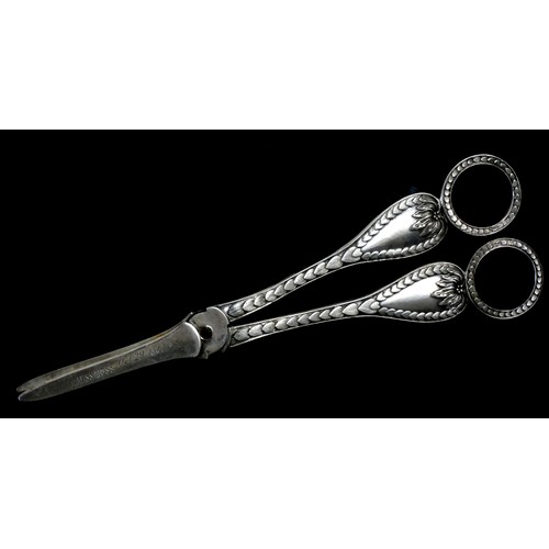 386 - A Victorian presentation silver pair of grape scissors, by George Adams, London 1863, with heart mot... 