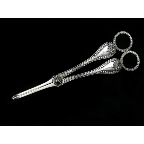 386 - A Victorian presentation silver pair of grape scissors, by George Adams, London 1863, with heart mot... 