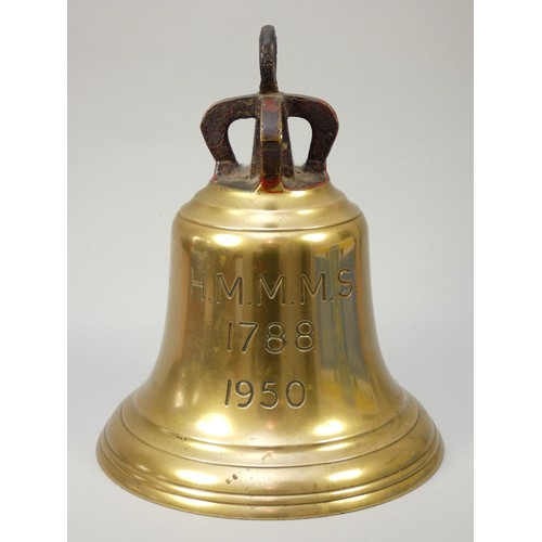 409 - A brass ship's bell, height 34cm, lacking clanger, stamped broad arrow, HMMMS, 1788, 1950.
H.M.M.M.S...