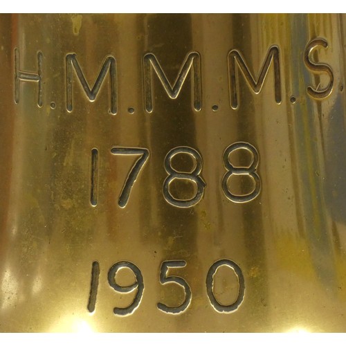 409 - A brass ship's bell, height 34cm, lacking clanger, stamped broad arrow, HMMMS, 1788, 1950.
H.M.M.M.S... 