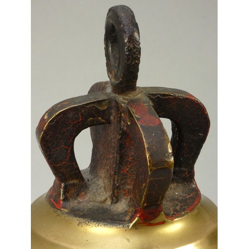 409 - A brass ship's bell, height 34cm, lacking clanger, stamped broad arrow, HMMMS, 1788, 1950.
H.M.M.M.S... 