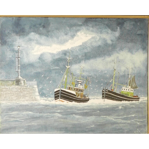 438 - G. Sullivan?, two nautical watercolour scenes, signed lower right, 30 x 19 cm, together with a D.M.K... 