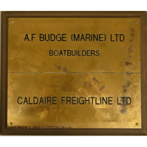 332 - Brian Masterman Collection; Four brass shipping company wall plaques, A.F. Budge, P.K.Harris, Appled... 