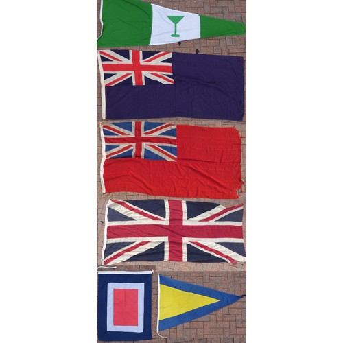 411 - A vintage Red Ensign, 100 x 200cm, a Blue Ensign, 85 x 180cm, a Union Flag, 125 x 265 and three mode... 