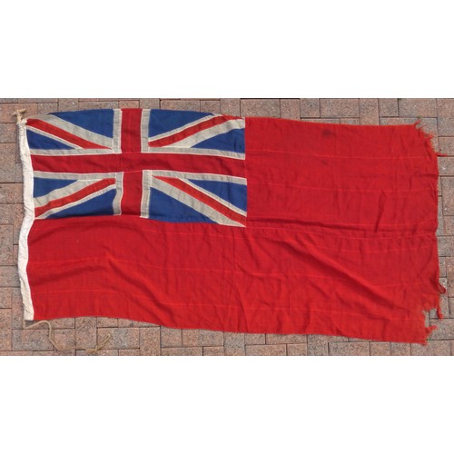 411 - A vintage Red Ensign, 100 x 200cm, a Blue Ensign, 85 x 180cm, a Union Flag, 125 x 265 and three mode... 