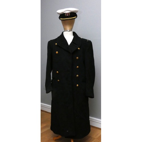 420 - A Mercantile Marine officers overcoat, with cap, braid and spare buttons, 48cm across the shoulders