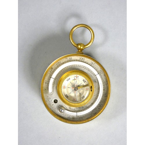 389 - A brass compensated pocket barometer, the reverse with thermometer and compass, unsigned, double ope... 