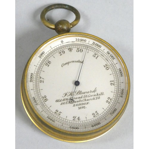 388 - P.H. Steward, Cornhill and St. Paul's Church Yard, London, a brass compensated pocket barometer, num... 