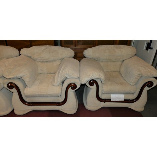 156 - A three piece suite comprising of a three seater sofa and two armchairs, upholstered in a cream patt... 