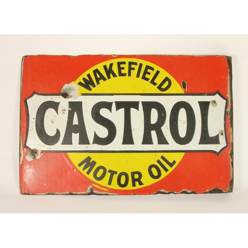 96 - A double sided, wall mounted vitreous enamel Wakefield Castrol advertising sign, 33 x 51 cm