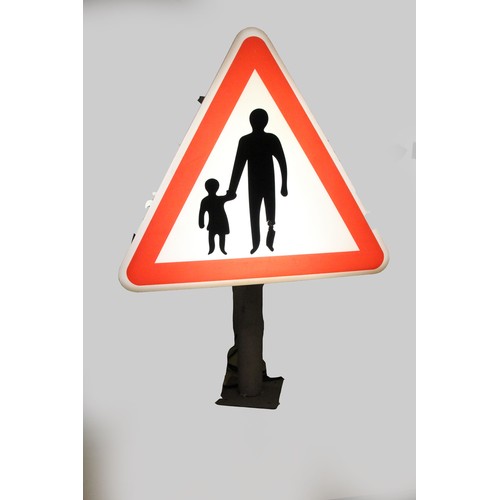 100 - A triangular illuminated road sign depicting pedestrians in the road, 100 x 69 cm