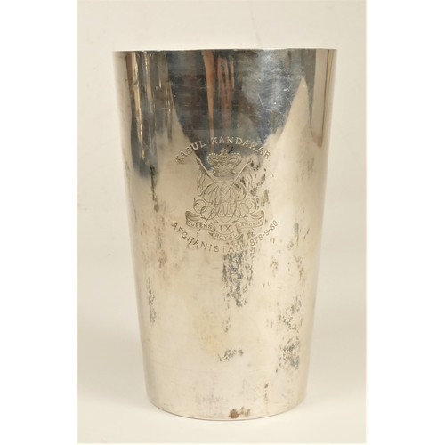 100 - Of 9th Queens Lancers interest; a white metal/silver beaker, unmarked, electronically tests as over ... 