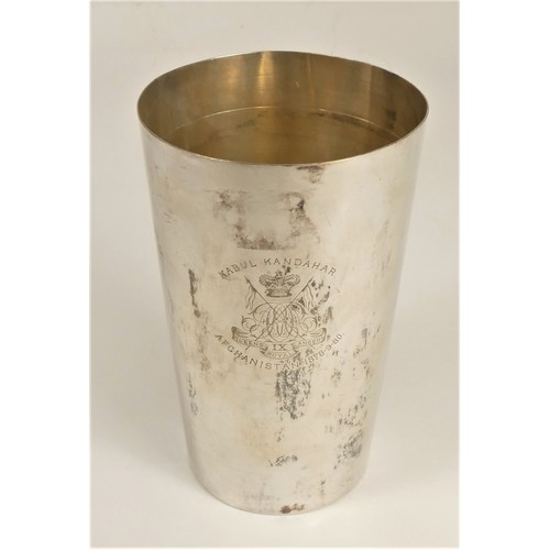 100 - Of 9th Queens Lancers interest; a white metal/silver beaker, unmarked, electronically tests as over ... 