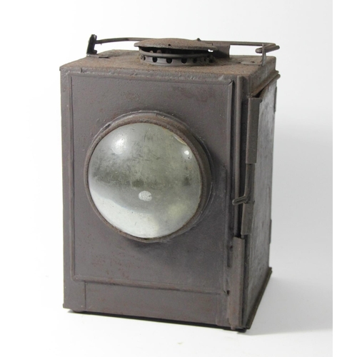 249 - A square unmarked railway lamp, without burner.