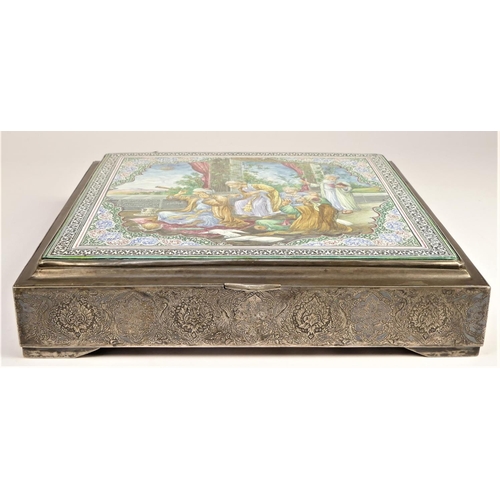 63 - A Persian silver and enamel casket, bearing control marks, the panel with a a group of scholars stud... 