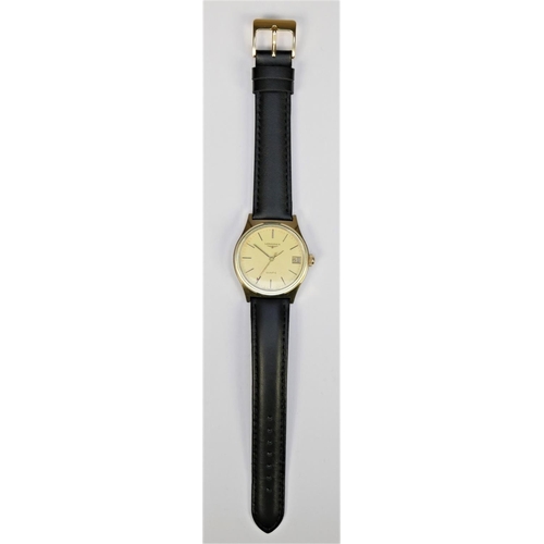 84 - Longines, a gold plated quartz date gentleman's wristwatch, with red seconds hand, 33mm