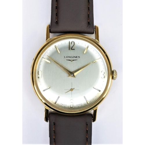 85 - Longines, a manual wind gold plated gentleman's wristwatch, c.1962, the off white dial with 12, 3, 6... 