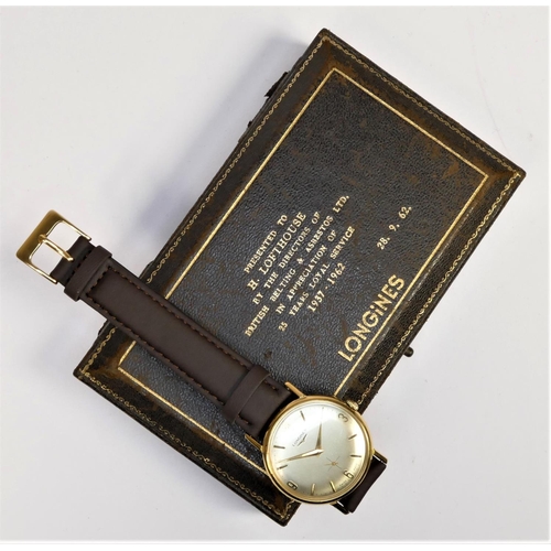 85 - Longines, a manual wind gold plated gentleman's wristwatch, c.1962, the off white dial with 12, 3, 6... 