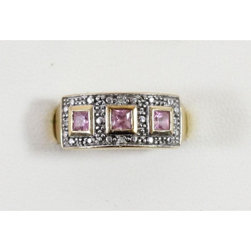 114 - A 9ct gold pink sapphire and diamond dress ring, L, 3.3gm