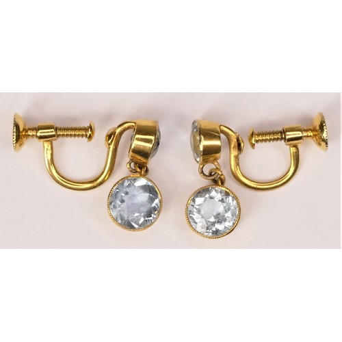 120 - An Edwardian 15ct gold pair of aquamarine drop ear rings, 15ct tab, screw fittings, drop 7mm diamete... 