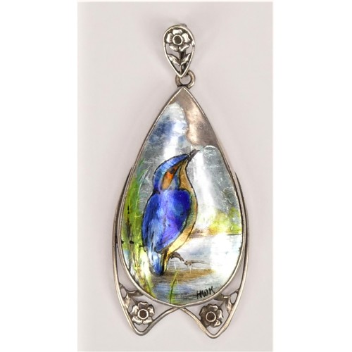 133 - H. W. De Koningh; a silver and enamel pear shape Kingfisher pendant, C. 1910, delicately painted wit... 