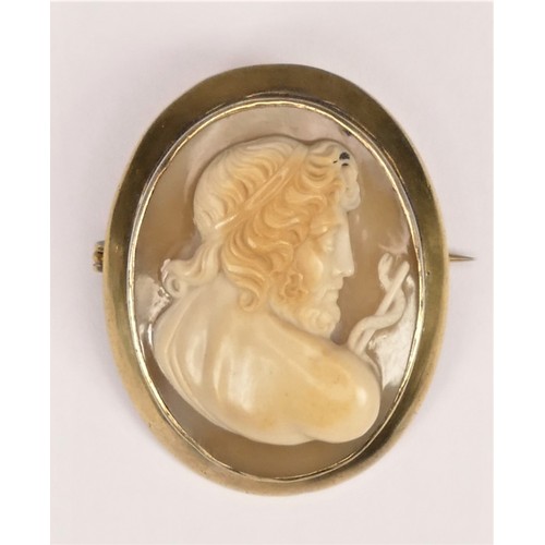 134 - A 19th century hardstone cameo gold mounted brooch, depicting Asclepius with his rod and snake, plai... 