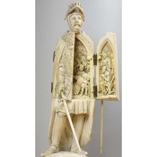 213 - A 19th century Dieppe ivory carved triptych figure of a French medieval nobleman with sword, his che... 