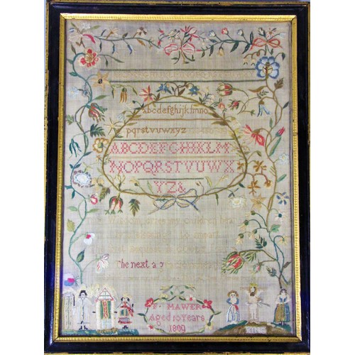 221 - A George III sampler, by F. MAWER, aged 10 years, 1809, with alphabet over a poem, King and Queen to... 