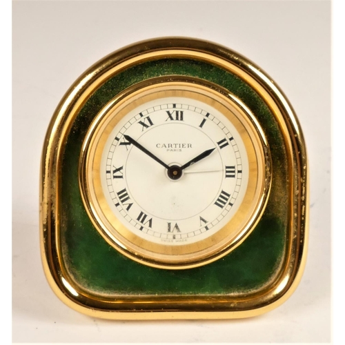 316 - Cartier, Paris, a brass and green enamel 7504 travel alarm clock, c.1990, the white enamel dial with... 