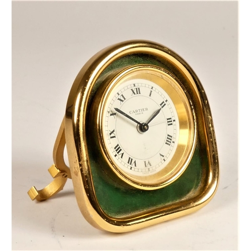 316 - Cartier, Paris, a brass and green enamel 7504 travel alarm clock, c.1990, the white enamel dial with... 