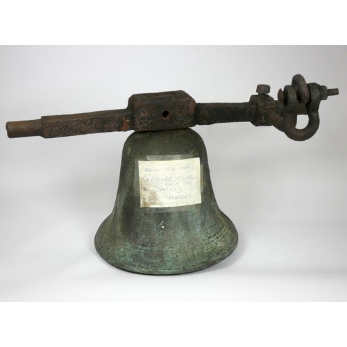 212 - Of Sheffield Market interest; a bronze bell with iron brackets, believed to have hung in the market,... 