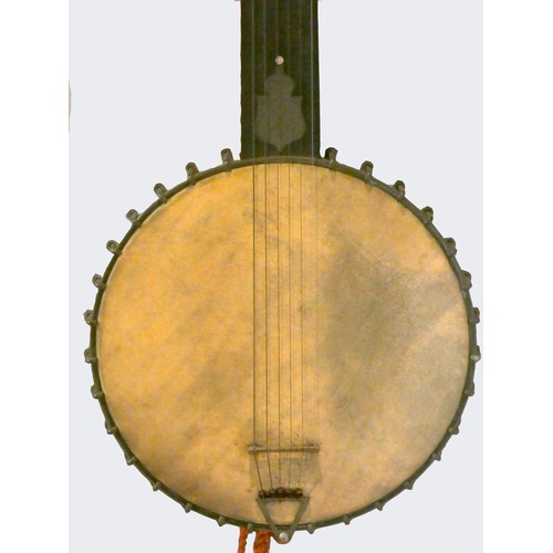 224 - A six string banjo, with mother of pearl inlay and metal resonator.