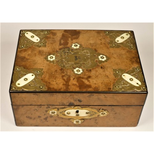 201 - A Victorian burr walnut jewellery box, with brass and ivorine mounts, 27 x 19 x 12cm