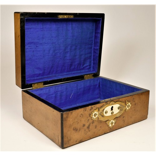 201 - A Victorian burr walnut jewellery box, with brass and ivorine mounts, 27 x 19 x 12cm