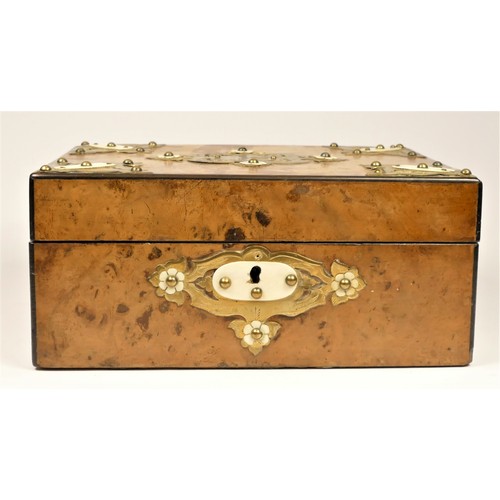 201 - A Victorian burr walnut jewellery box, with brass and ivorine mounts, 27 x 19 x 12cm