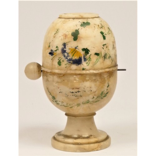 203 - A Victorian novelty alabaster Stanhope Viewer Peep Egg, c.1860, with three rotating Derbyshire scene... 