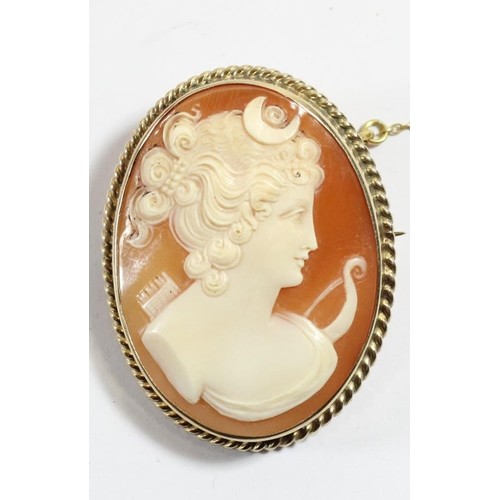 115 - A 9ct gold mounted cameo brooch, carved to depict Diana the Huntress, rope border, 43 x 32mm