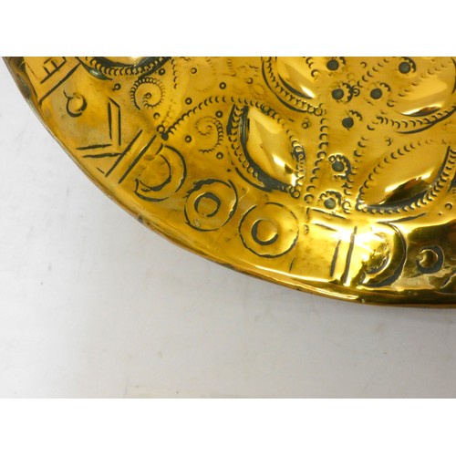 204 - A Dutch 18th century brass warming pan, the embossed domed cover decorated with a pair of lions flan... 