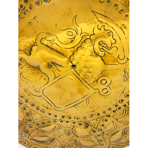 204 - A Dutch 18th century brass warming pan, the embossed domed cover decorated with a pair of lions flan... 