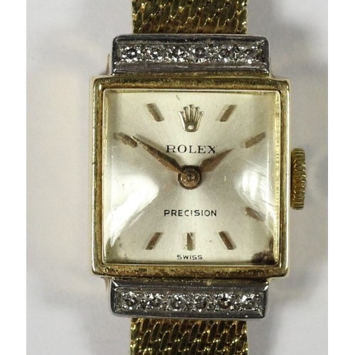 99 - Rolex Precision, an 18k gold manual wind ladies wristwatch, the dial with baton markings, the 17 jew... 